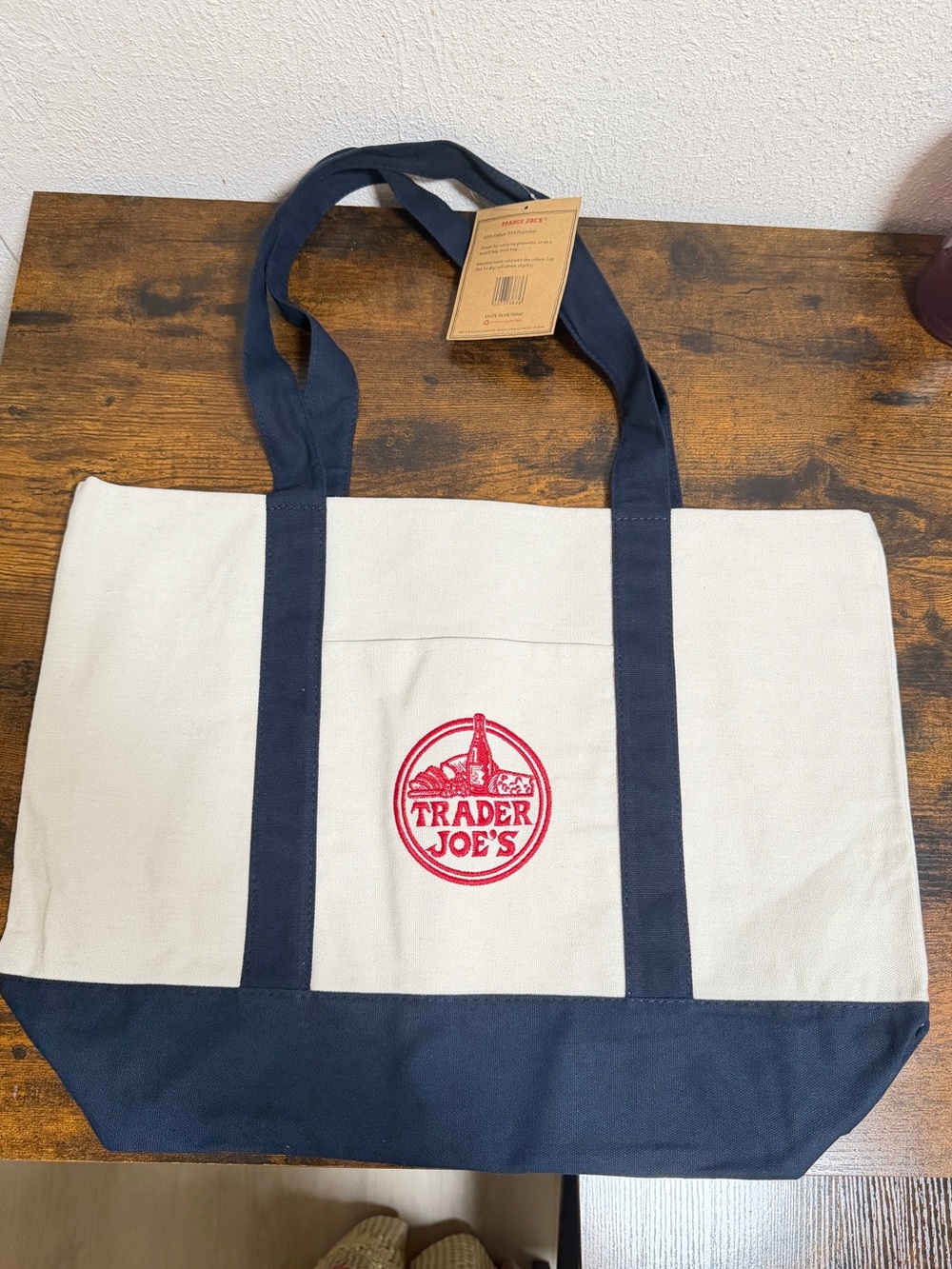 Authentic Trader Joe’s Canvas Tote Bag Navy Natural Shopper Grocery NEW